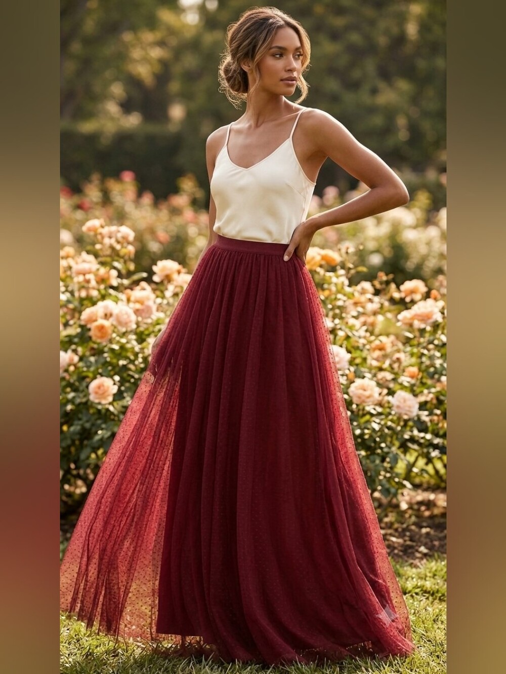 Elegant Burgundy Tulle Maxi Skirt